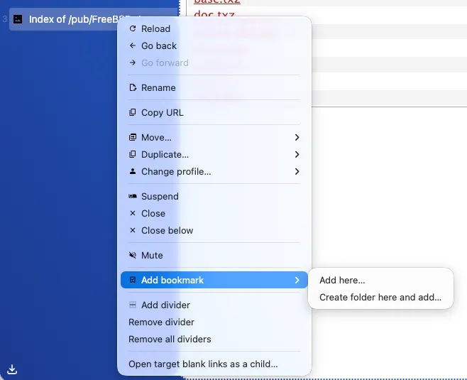 Bookmarks in the context menu