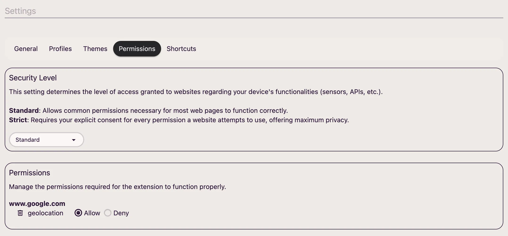 Permissions configuration