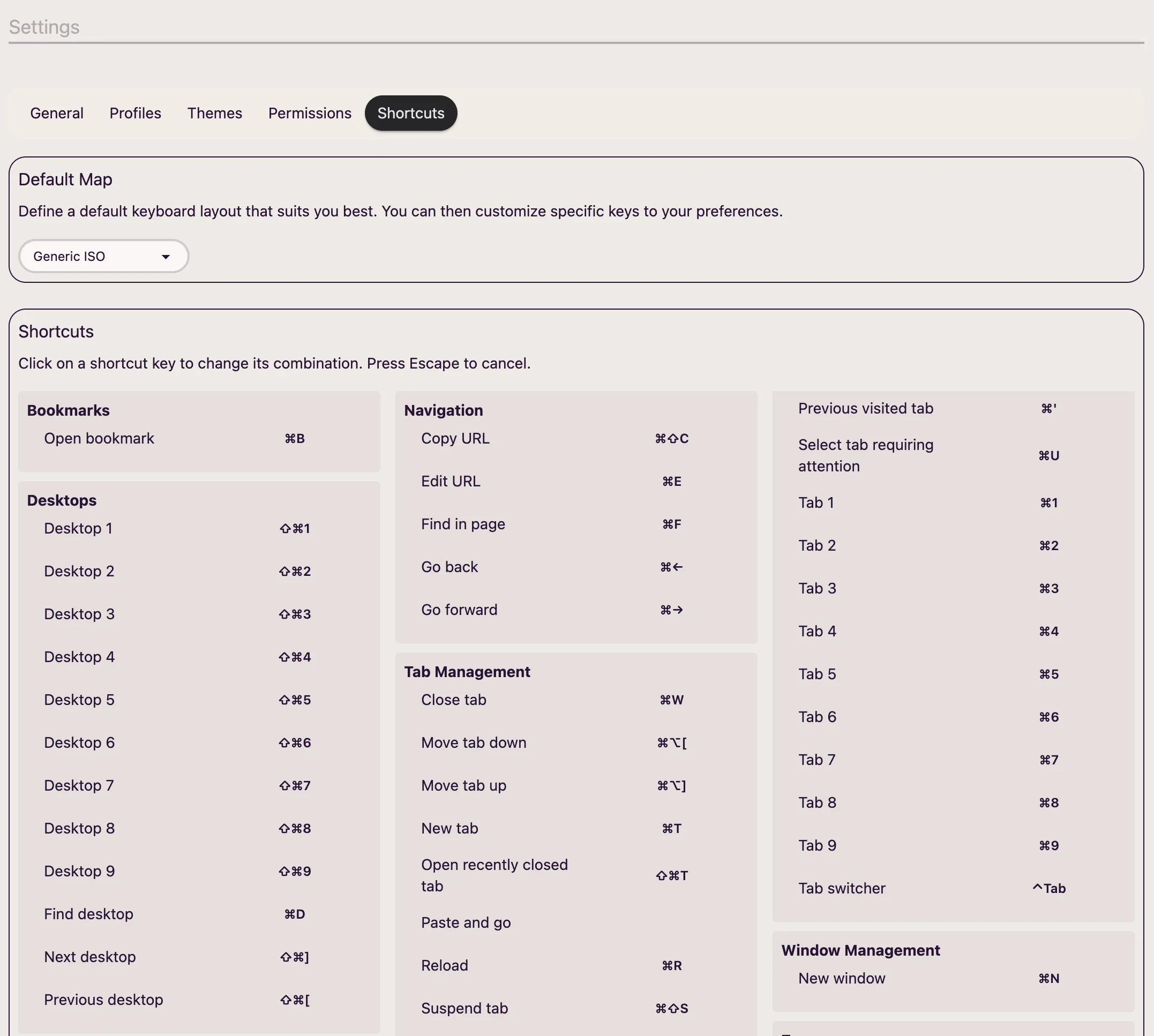 Shortcuts configuration