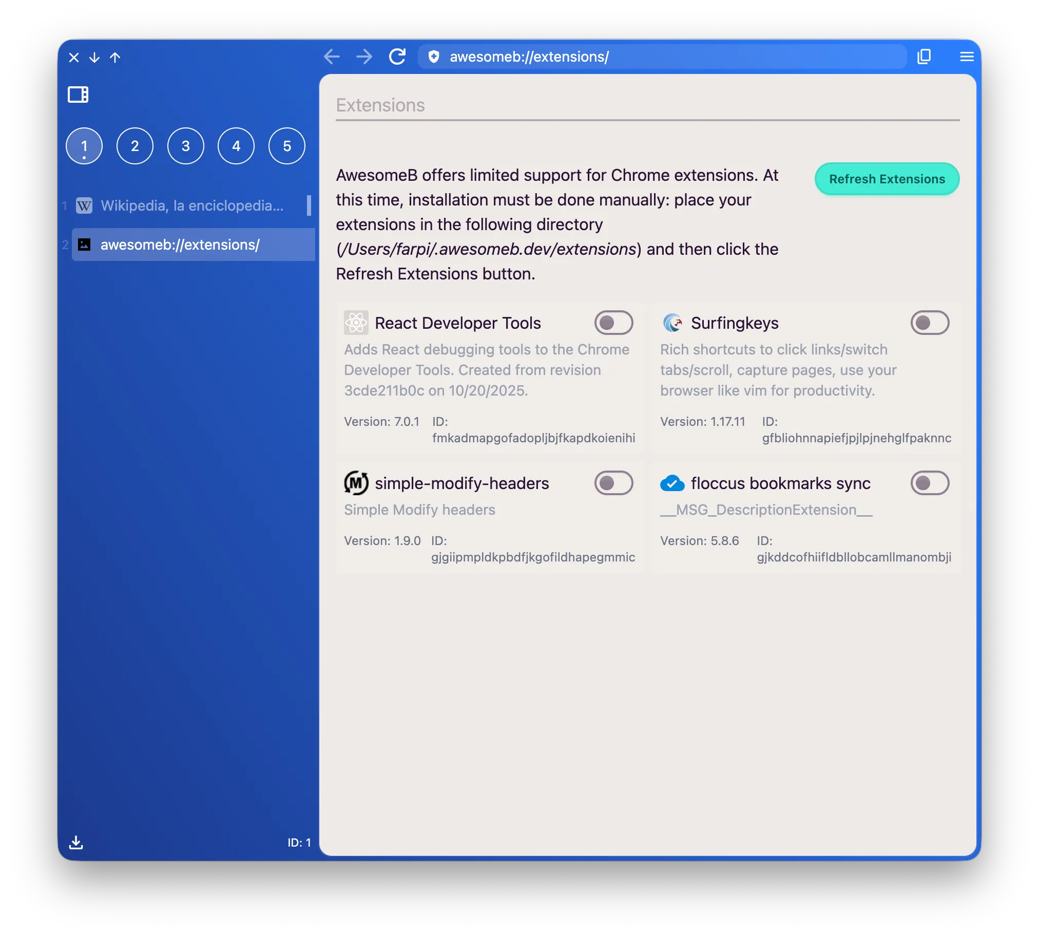 Extensions list